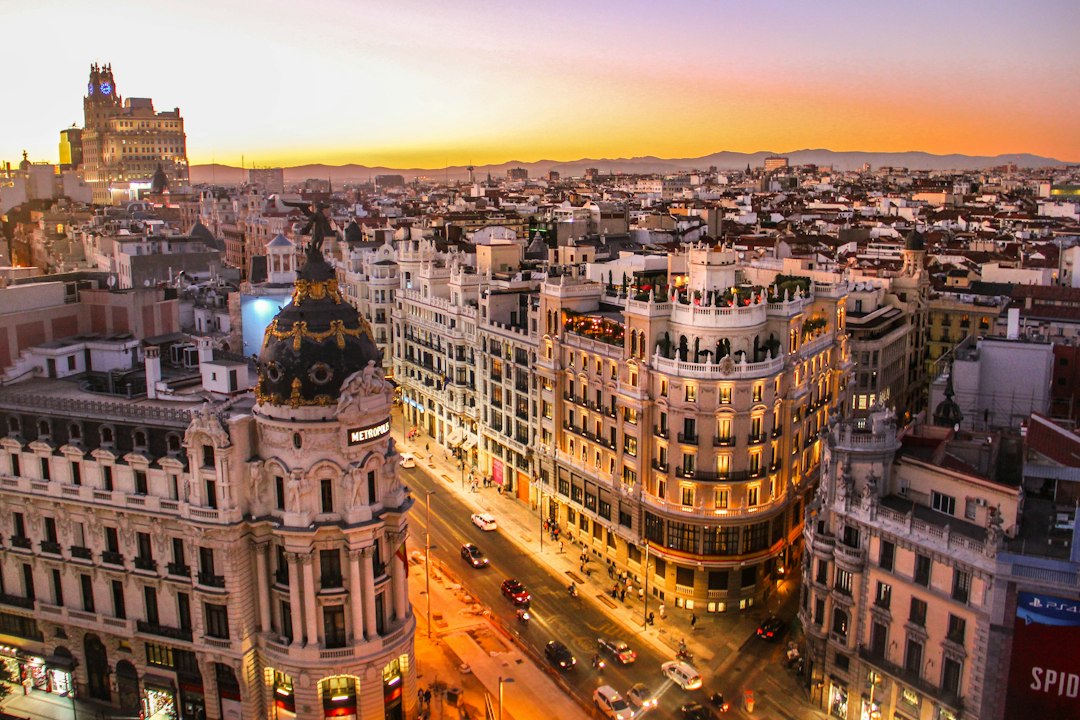 Sunset over central Madrid and Gran Vía, near the area of the planned San Bernardo hotel