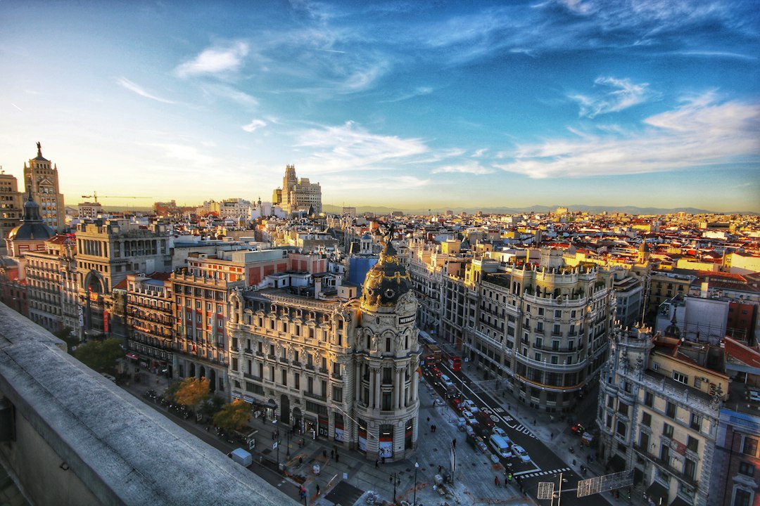 Daylight panorama of Gran Vía and central Madrid architecture