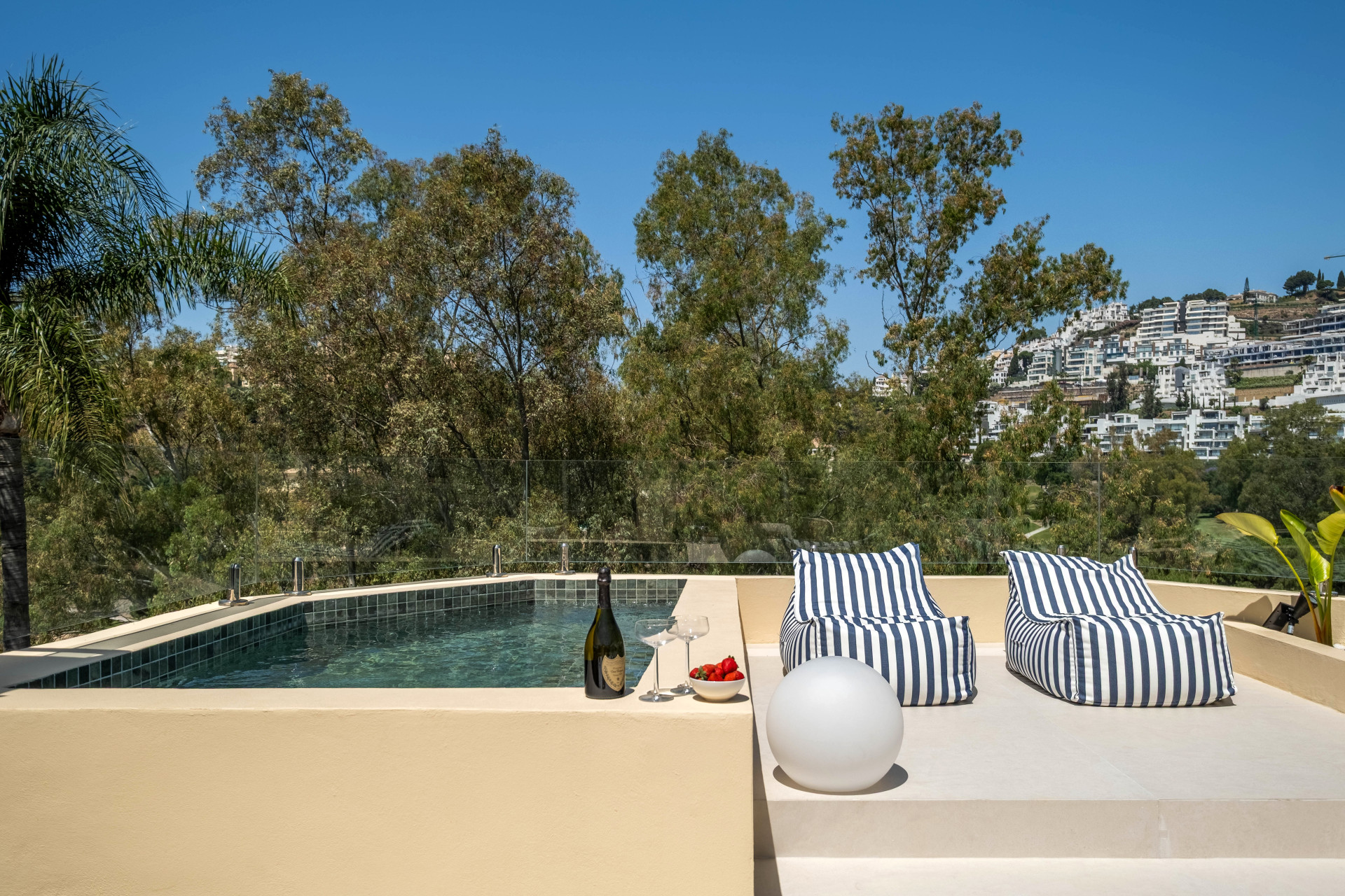 Private rooftop plunge pool overlooking trees and the La Quinta hills.