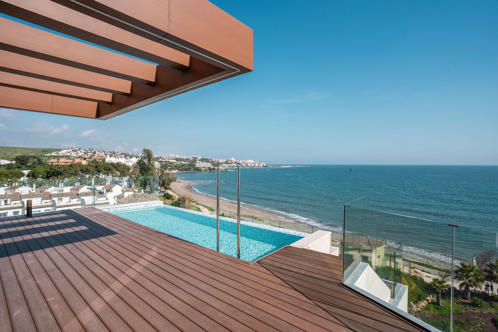 Private pool and timber terrace overlooking the Mediterranean at The Sapphire penthouse in Estepona