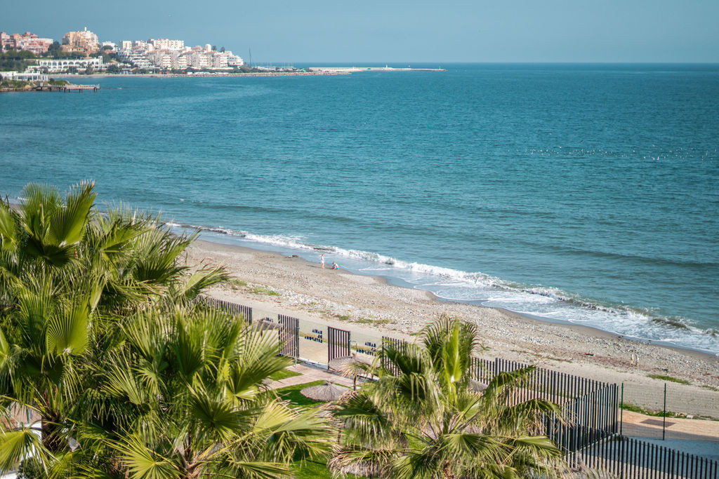 View from The Sapphire across palms, the coastal path and Guadalobón beach towards Estepona
