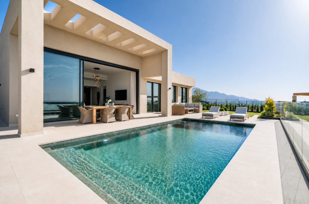 Private swimming pool and covered terrace at Villa Romero in Benahavís