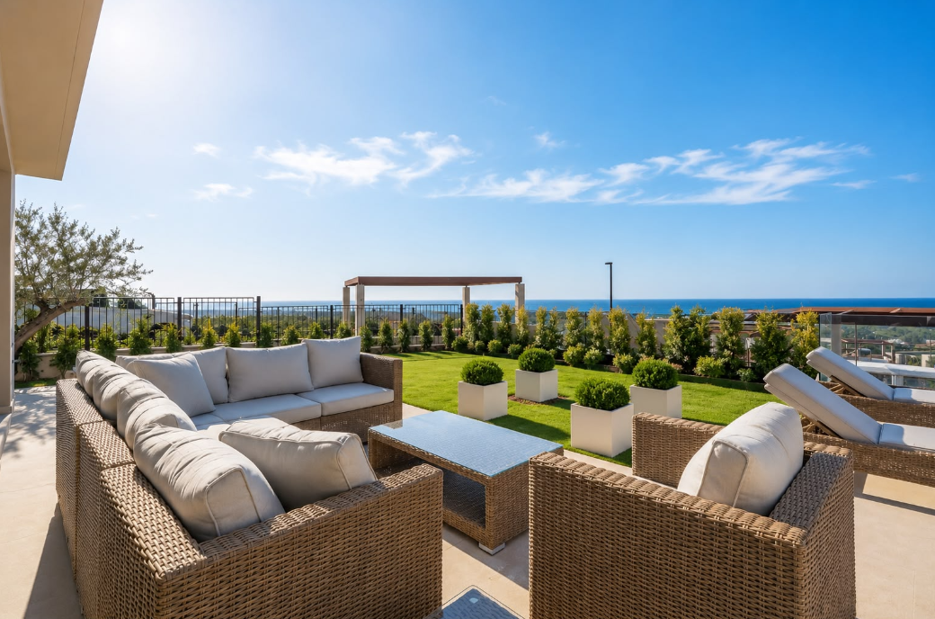 Outdoor seating and private garden overlooking the Mediterranean at Villa Romero